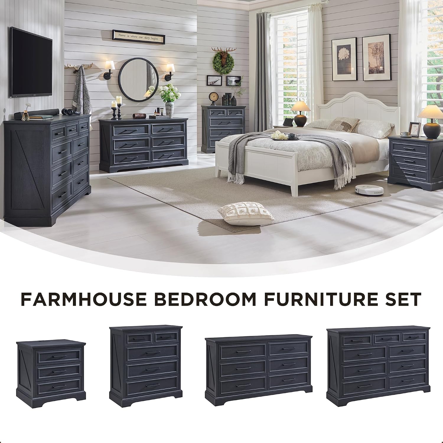 ACCOHOHO Farmhouse Nightstands Set of 2, 22 Inch Wide End Table with Charging Station & 3 Large Drawers, Rustic Wood Small Dresser Chest of Drawers for Bedroom, Living Room, Black