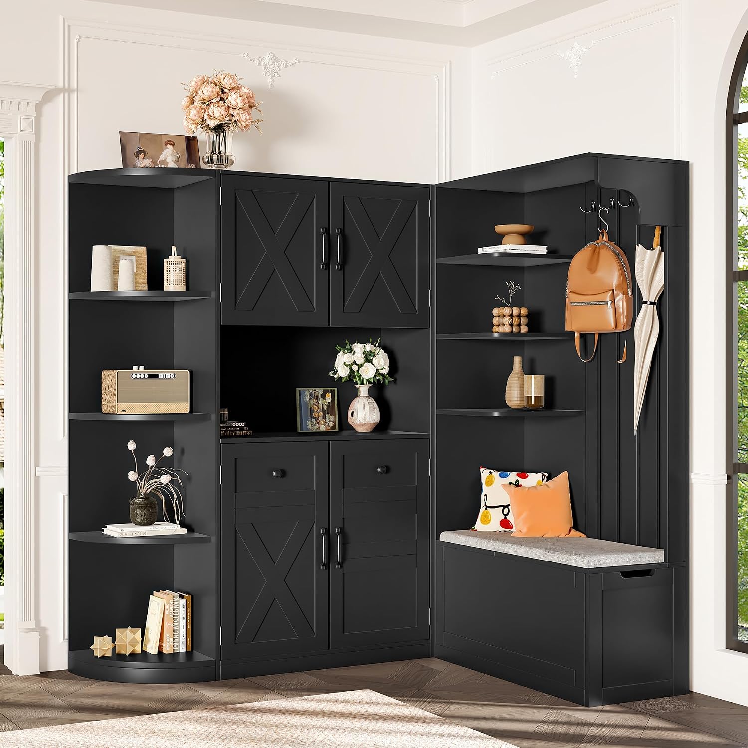 Multifunctional Hall Tree with Shoe Bench & Storage Cabinet,2-in-1 Left-Right L-Shaped Corner Entryway Cabinets with Coat Rack & Open Shelves,Modern Storage Organizer for,Living Room (Black)