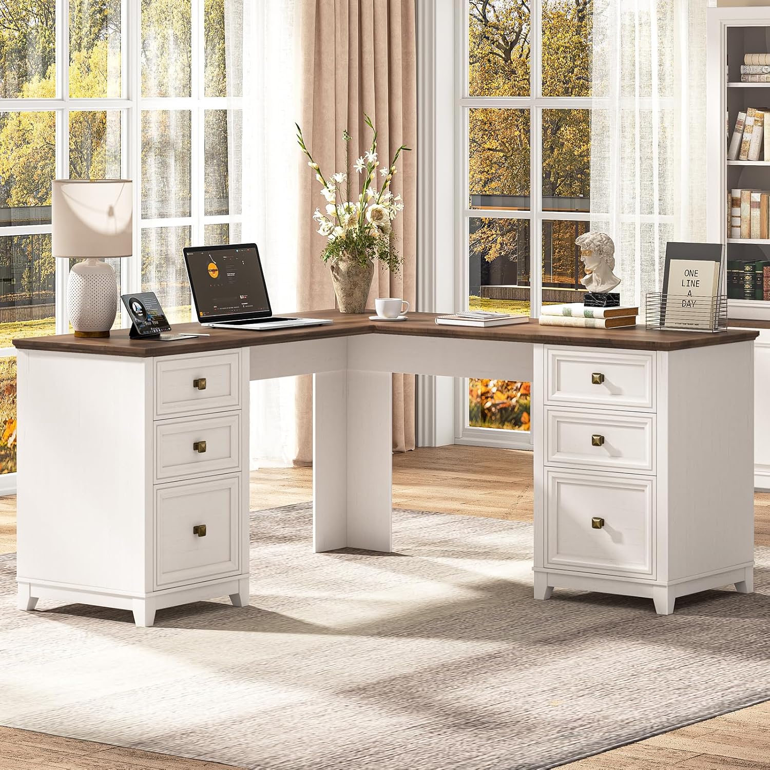 Vabches Farmhouse L Shaped Executive Desk with 6 Drawers, 59'' Wood Home Office Desk with File Cabinet, Writing Corner Computer Desk for Home Office, Work, Study, White and Brown