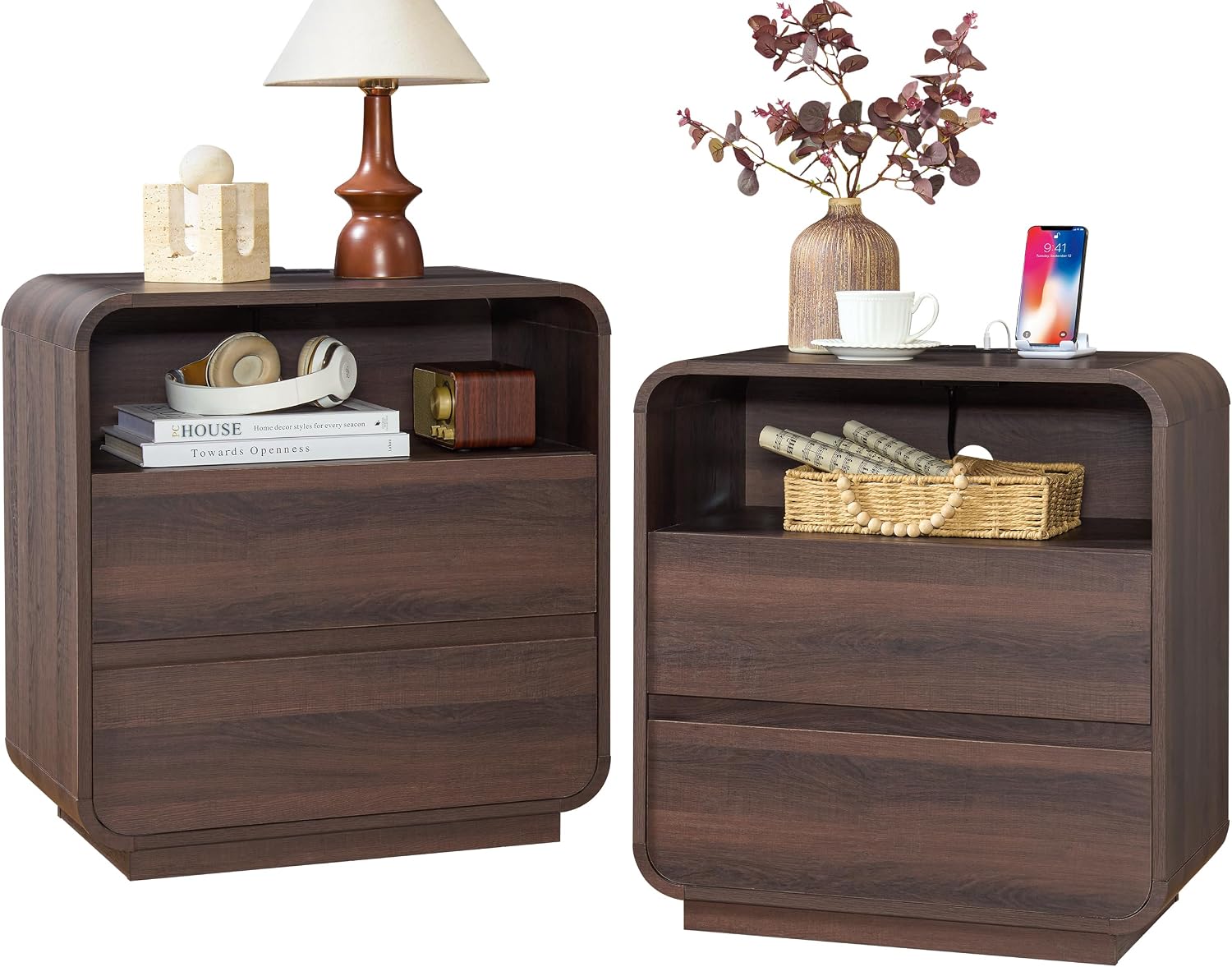 Standifurno Walnut Curved Nightstand Set of 2 with Charging Station, 23.2' Wide Wood Bedside Table 2 Storage Drawers, Modern Side Table Handleless, Large End Table Night Stand for Bedroom