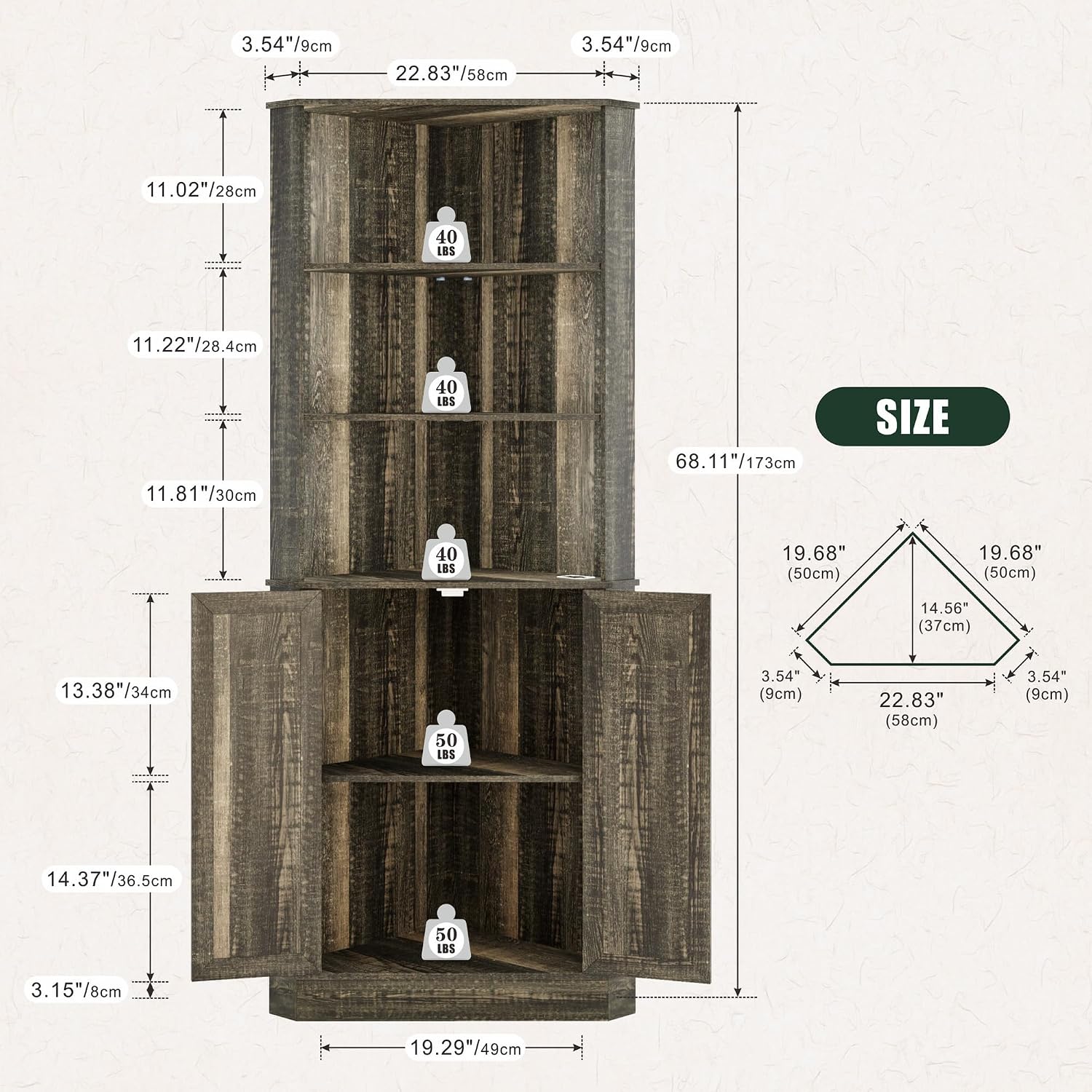 FREDEES Tall Corner Cabinet with LED Light, Farmhouse Bathroom Cabinet with 2 Doors and 3 Tier Shelves, Free Standing Corner Storage Cabinet for Laundry Room, Living Room or Kitchen, Rustic Brown