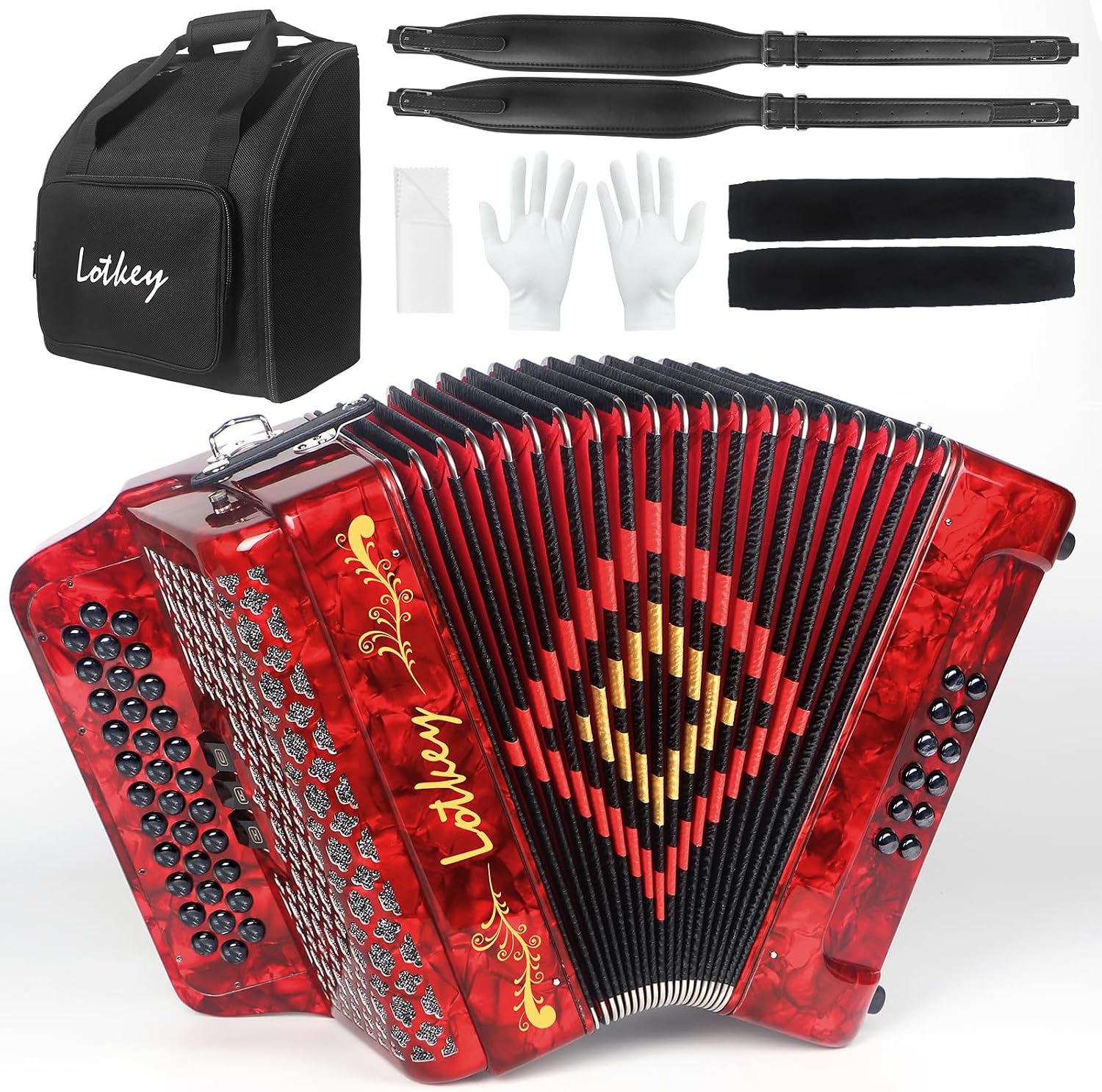 Lotkey 34 Key Diatonic Accordion, 3412 Multi Tone Celluloid Accordions Louder Clearer Timbre than Plastic for Adult, Beginner, Professional with Updated Bag, Straps, Acordeón Wrist Guard (GCF Red)