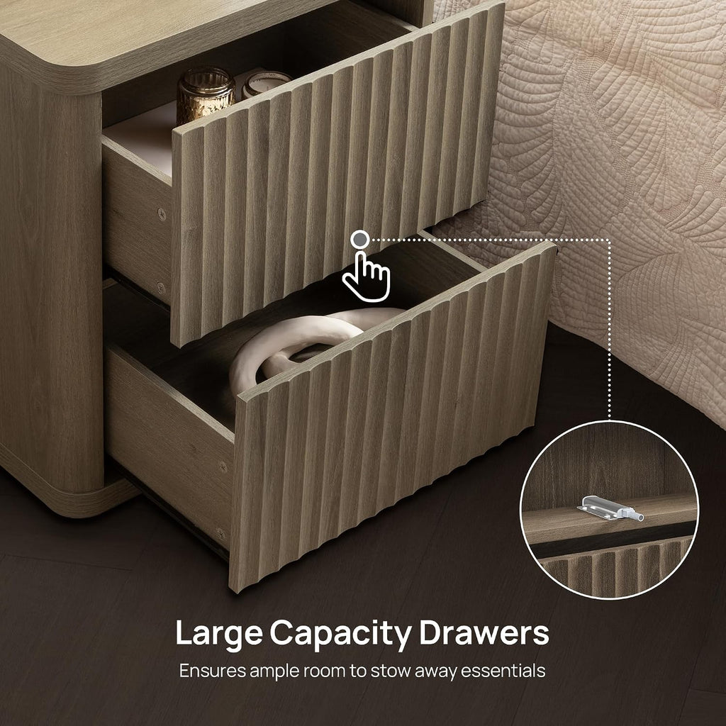SICOTAS Night Stand Set of 2 Nightstands with 2 Drawers Storage Bedside Table Large Fluted Bed Side End Table Modern 24.4' Tall Wide Night Stands for Bedroom Living Room Sofa Couch Office, Grey Alder