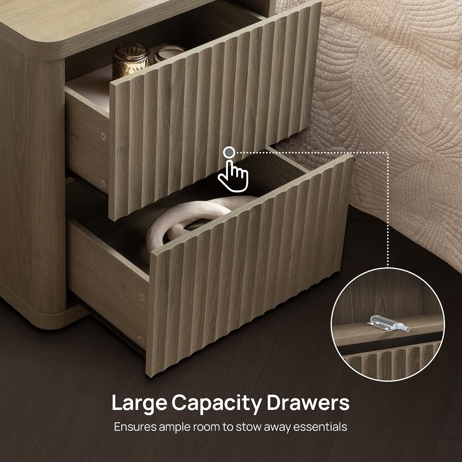 SICOTAS Night Stand Set of 2 Nightstands with 2 Drawers Storage Bedside Table Large Fluted Bed Side End Table Modern 24.4' Tall Wide Night Stands for Bedroom Living Room Sofa Couch Office, Grey Alder