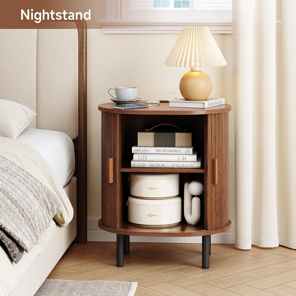 ONBRILL Oval End Table with Storage & Charging Station, Fluted Accent Side Table with Sliding Door & Adjustable Shelf, Mid-Century Modern Nightstand Set of 2 for Living Room, Bedroom, Walnut(2-Pack)