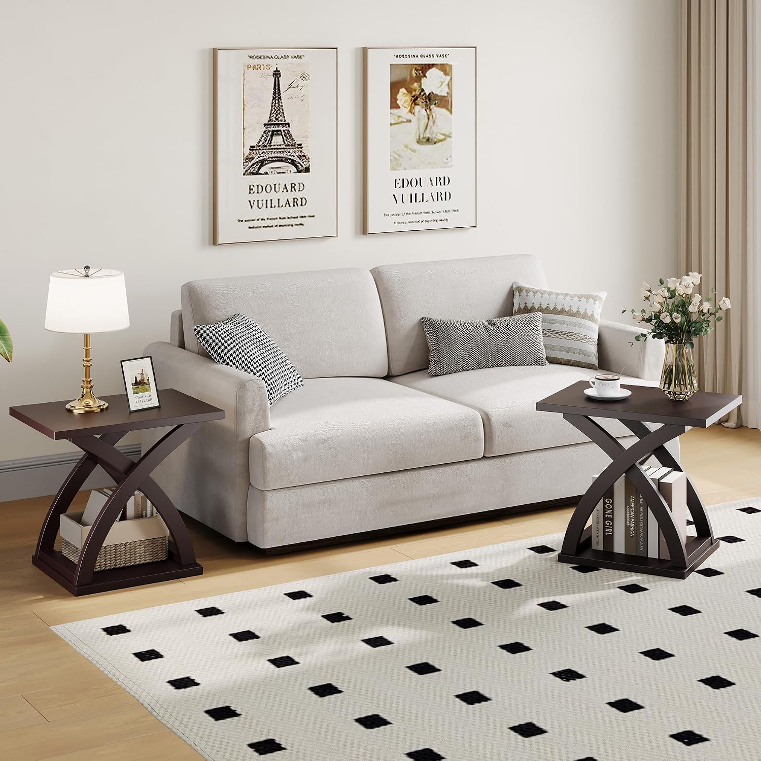 ChooChoo End Side Table Set of 2, Modern End Table with Storage Shelf, X-Design Side Table Living Room (Espresso)