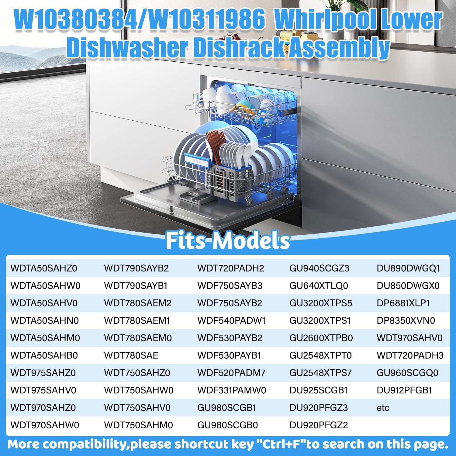 Upgrade W10311986/W10380384 Dishwasher Lower Dishrack Designed for Whirlpool Dishwasher Rack Parts WDT750SAHZ0 WDTA50SAHZ0 WDT970SAHZ0 WDT780SAEM with WP3376961 Wheels Dishwasher Bottom Rack