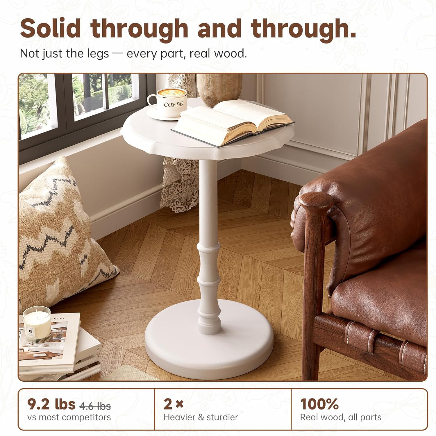 100% Solid Wood Round Pedestal Side Table, Vintage End Table for Living Room Bedroom, Heavy-Duty Antique Accent Table for Corner Spaces, Small Bedside Nightstand, 5-Min Assembly, White