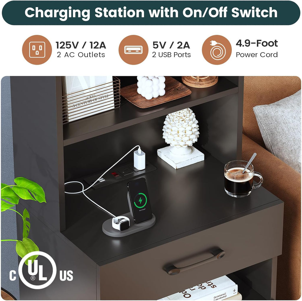 AOGLLATI Tall Night Stand Set of 2 with Charging Station and LED Lights, Black Nightstand with 3 Drawers and Adjustable Shelves, Modern Bedside Table with Bookshelf for Bedroom