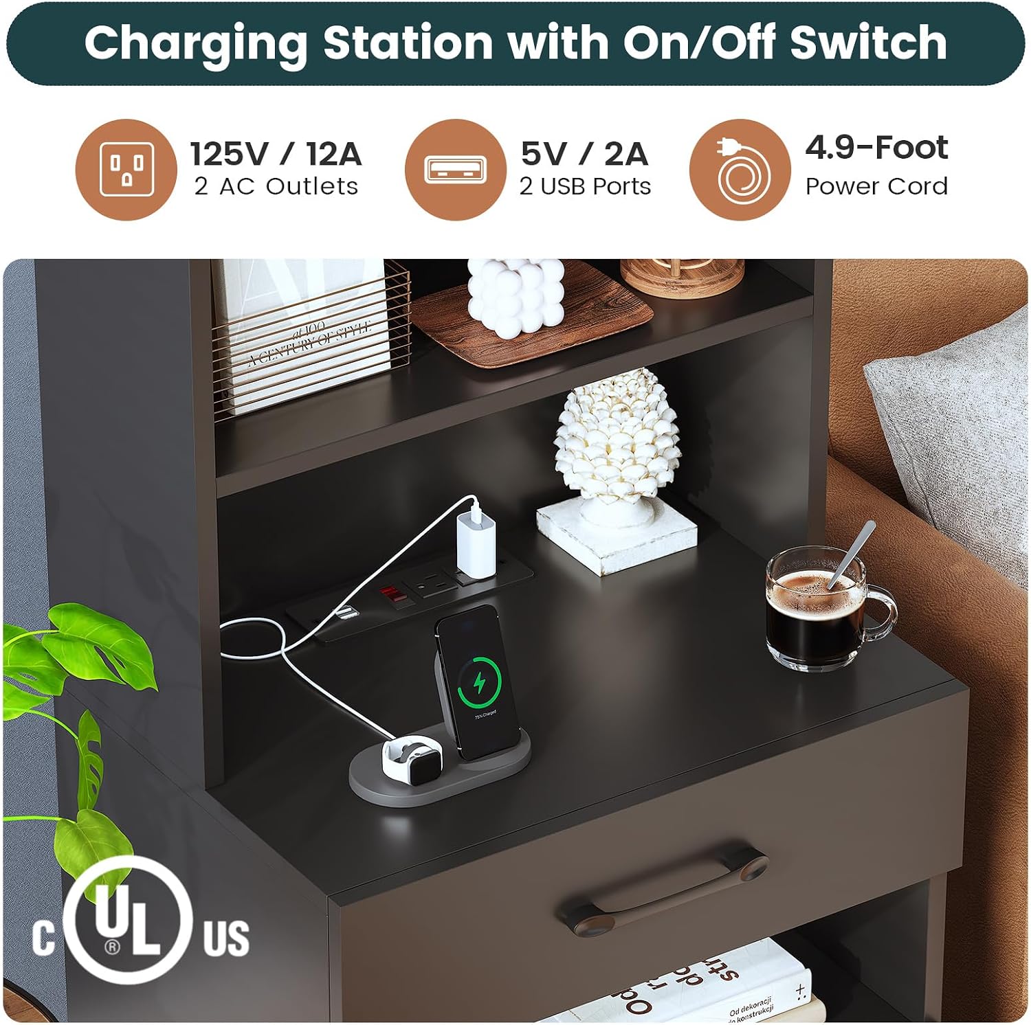 AOGLLATI Tall Night Stand Set of 2 with Charging Station and LED Lights, Black Nightstand with 3 Drawers and Adjustable Shelves, Modern Bedside Table with Bookshelf for Bedroom