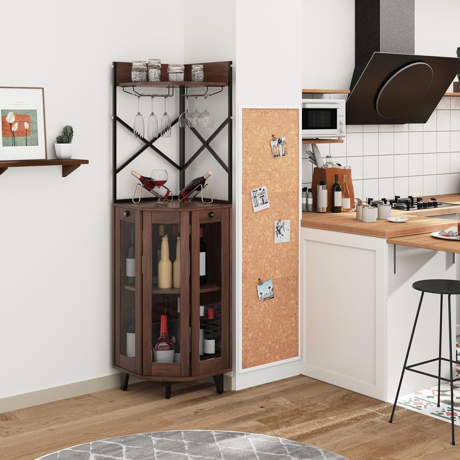 COCO DESIGN Corner Wine Cabinet with Lockable Glass Door & LED Light, 4-Tier Liquor Bar Unit, Modern Farmhouse Home Bar for Living Room, 2 Wine Racks & 2 Glass Display Trays, Walnut