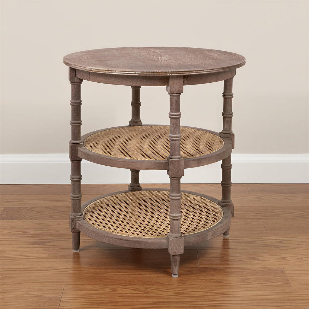 Creative Co-Op Round Mango Wood Table with 2 Cane Shelves