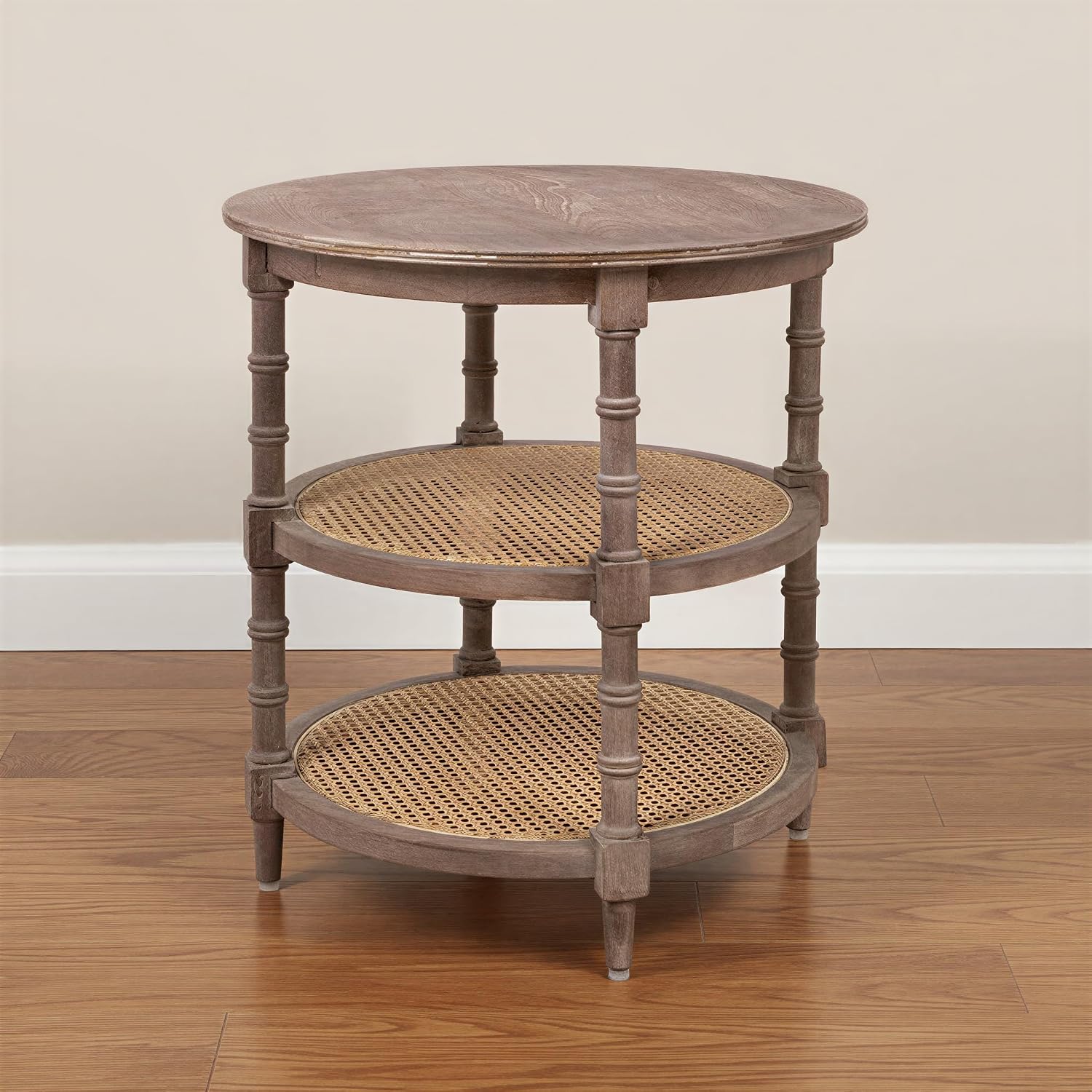 Creative Co-Op Round Mango Wood Table with 2 Cane Shelves