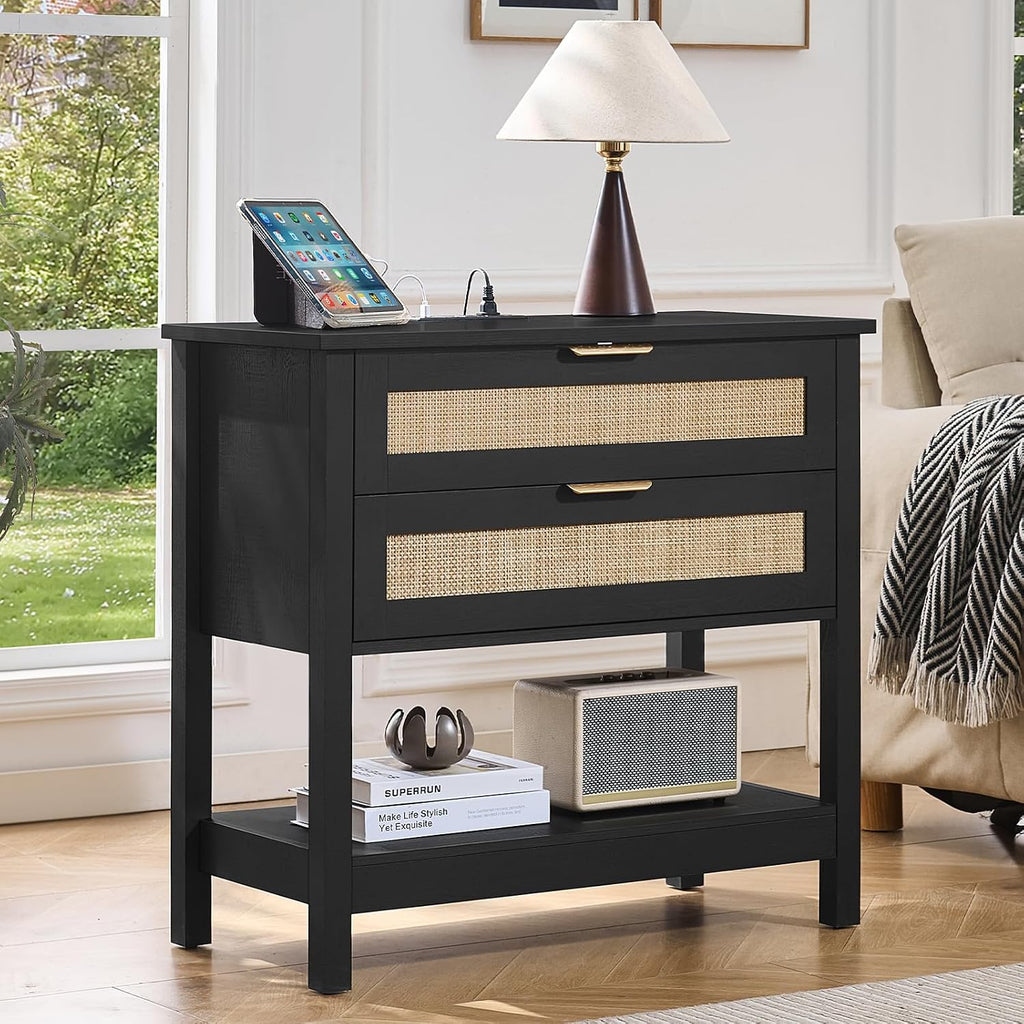 LEYAOYAO 31.5' Wide Rattan Night Stand Set 2 with Charger Station, Oversized Large Boho Nightstand with 2 Drawer, Black Bed Side End Tables, 30' Tall Bedside Table for Bedroom Living Room, Hallway