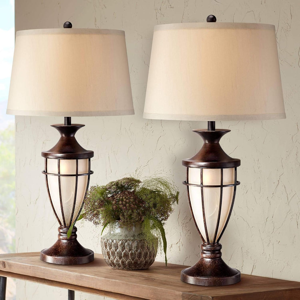 John Timberland Mission Cage Table Lamps 33' Tall Set of 2 with Nightlight Lantern Brushed Iron Brown Beige Fabric Shade for Living Room Bedroom House Bedside Nightstand Home Office Entryway