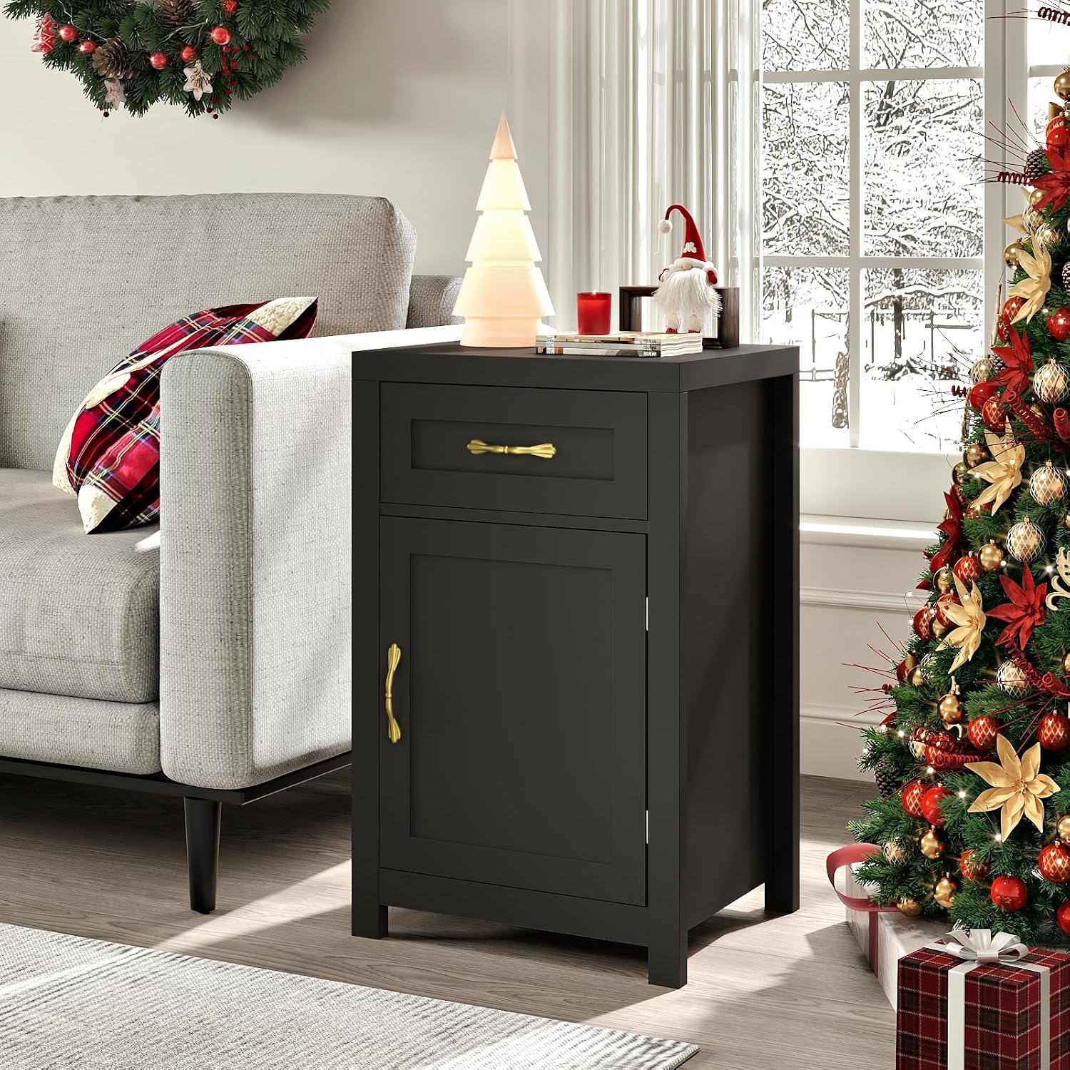 Black Nightstand Set of 2 with Drawer, Farmhouse End Table with Storage Cabinet and Adjustable Shelf, 30' Tall Bedside Table Rustic Wood Sofa Side Table for Living Room, Bedroom