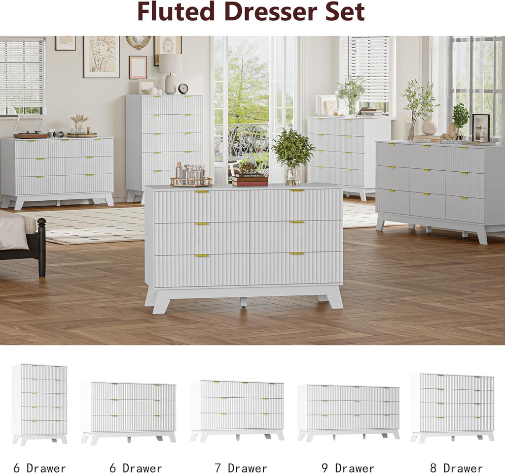 Nightstand with 3 Large Drawers,24' Wide End Table with Curved Metal Handles,Fluted Wood Small Dresser,Bedside Table,Modern Chest of Drawers for Bedroom,Living Room, White