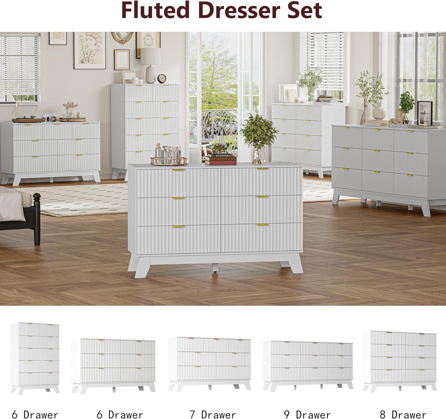 Nightstand with 3 Large Drawers,24' Wide End Table with Curved Metal Handles,Fluted Wood Small Dresser,Bedside Table,Modern Chest of Drawers for Bedroom,Living Room, White