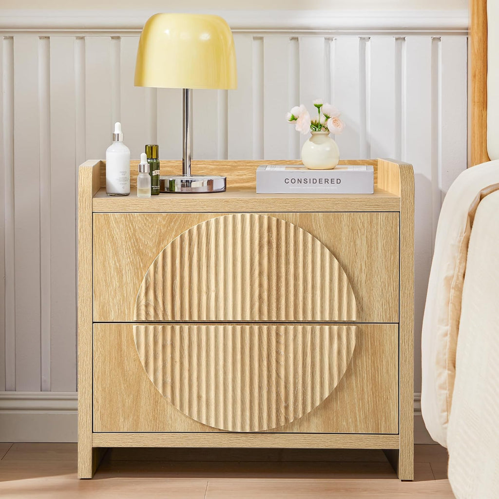 Turtle&Myrtle 24 Inch Wide Fluted Nightstands Set of 2, Large Night Stand with 2 Drawers, Mid Century Modern Bedside Table End Table with Storage for Bedroom (Natural)