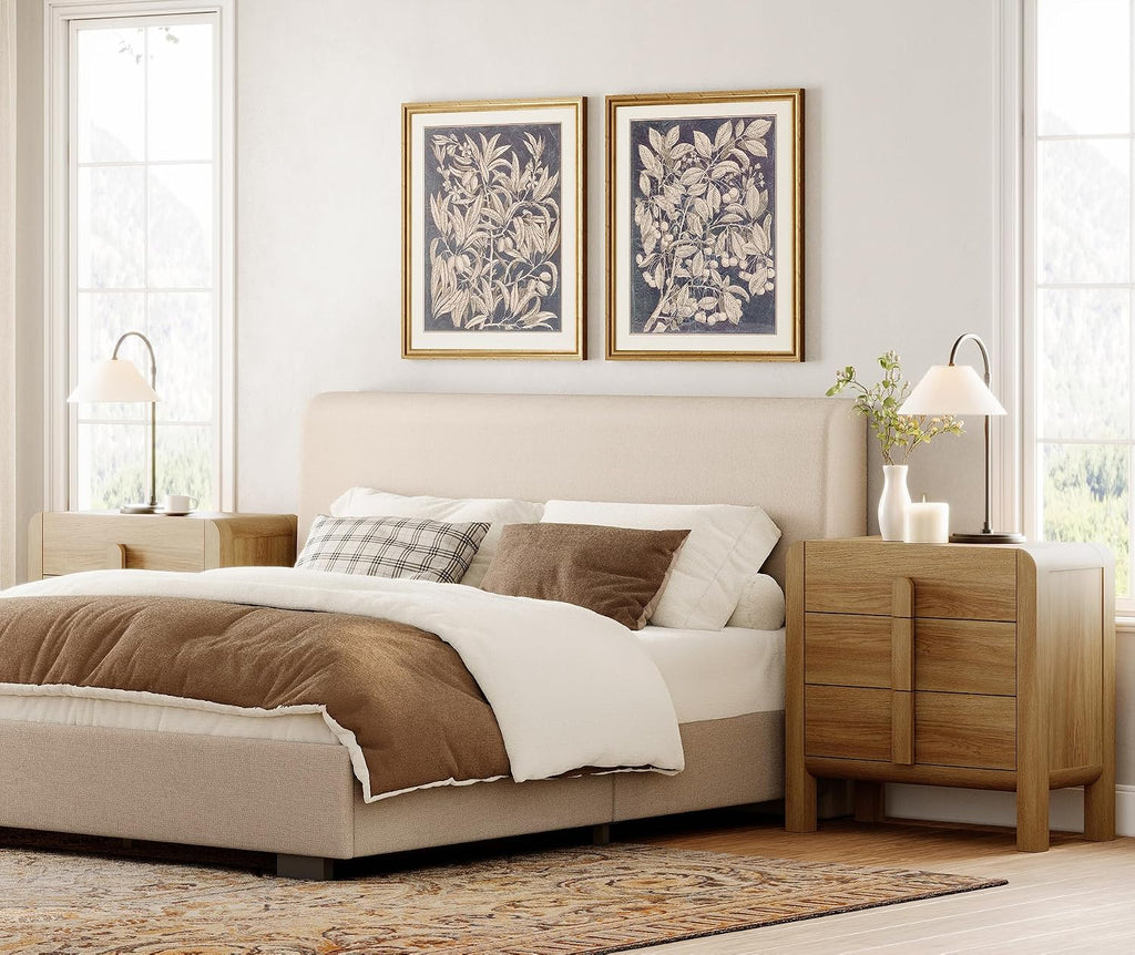 WAMPAT Nightstands Set of 2, Large Nightstands with 3 Drawers, Modern 31.5' Tall Wooden End Tables with Storage, Walnut Nightstands Bedside Tables with Curved Design for Bedroom
