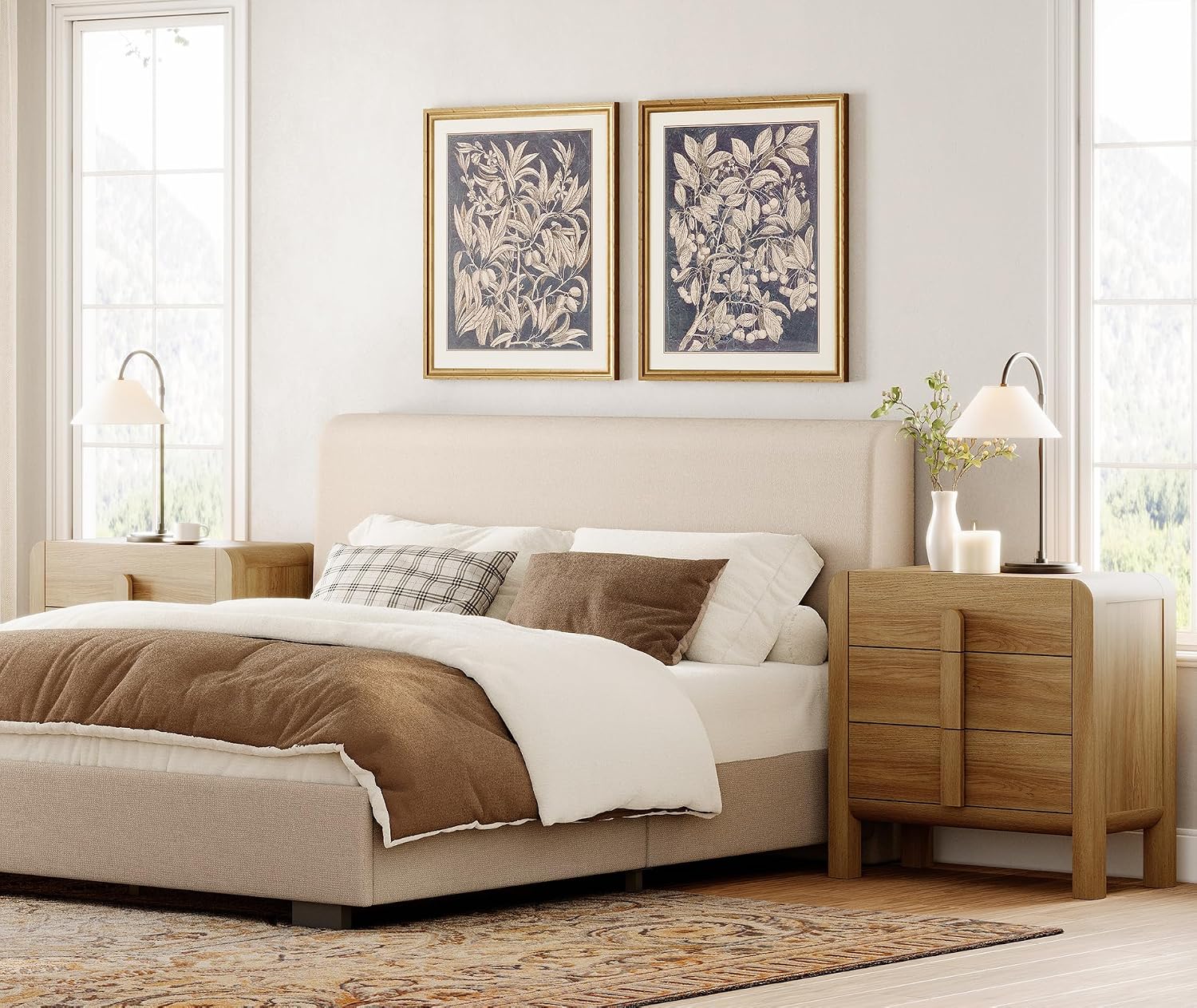 WAMPAT Nightstands Set of 2, Large Nightstands with 3 Drawers, Modern 31.5' Tall Wooden End Tables with Storage, Walnut Nightstands Bedside Tables with Curved Design for Bedroom