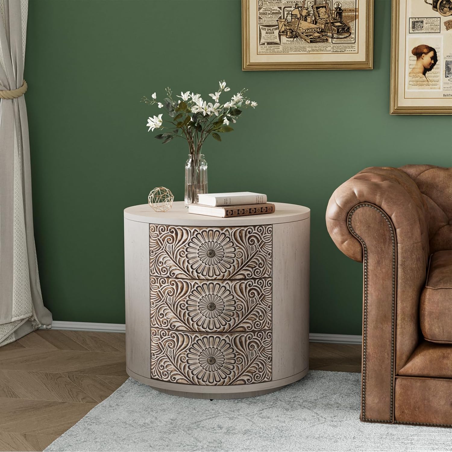 COSIEST Bedside Table Set of 2, Wood Nightstand 3 Drawers, Farmhouse Round End Table with 3 Drawers, Dresser with Drawers for Bedroom, Living Room