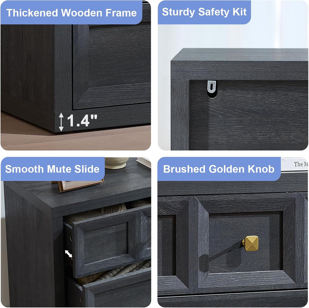 Nightstand Set of 2 W/Charging Station, 30.7' W King Size Bedside Table with 3 Drawers, Accent End Table W/Large Storage, Modern Wood Side Table for Bedroom, Dark Grey