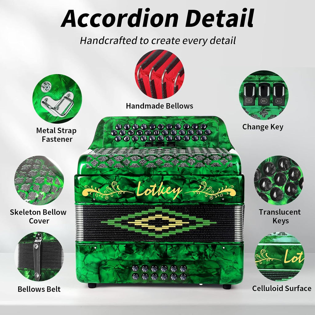 Lotkey 34 Key Diatonic Accordion, 3412 Multi Tone Celluloid Accordions Louder Clearer Timbre than Plastic for Adult, Beginner, Professional with Updated Bag, Straps, Acordeón Wrist Guard (FBE Green)