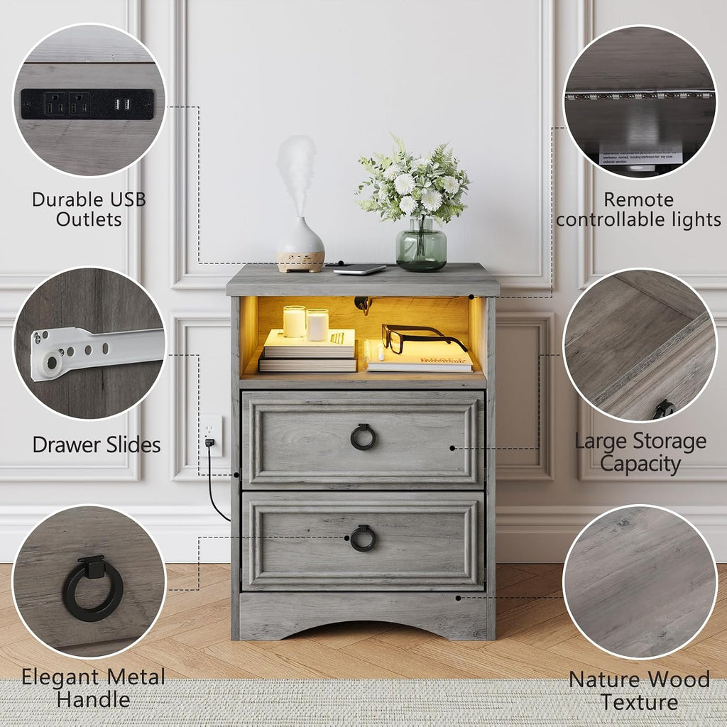 Large Nightstand Set of 2 with Drawers,17.7'W Accent Night Stand with Charger Station LED Lights, Bed Side Table with 2 Drawers, End Table with Easy Open Storage for Bedroom, Living Room,Gray