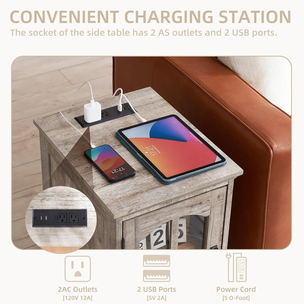 RWYHG Farmhouse End Table Set of 2 with Charging Station, 18'' Narrow Side Table and 24' Large Sofa Table with Glass Barn Door Storage, Wood Night Stand Bedside Cabinet for Living Room,Bedroom