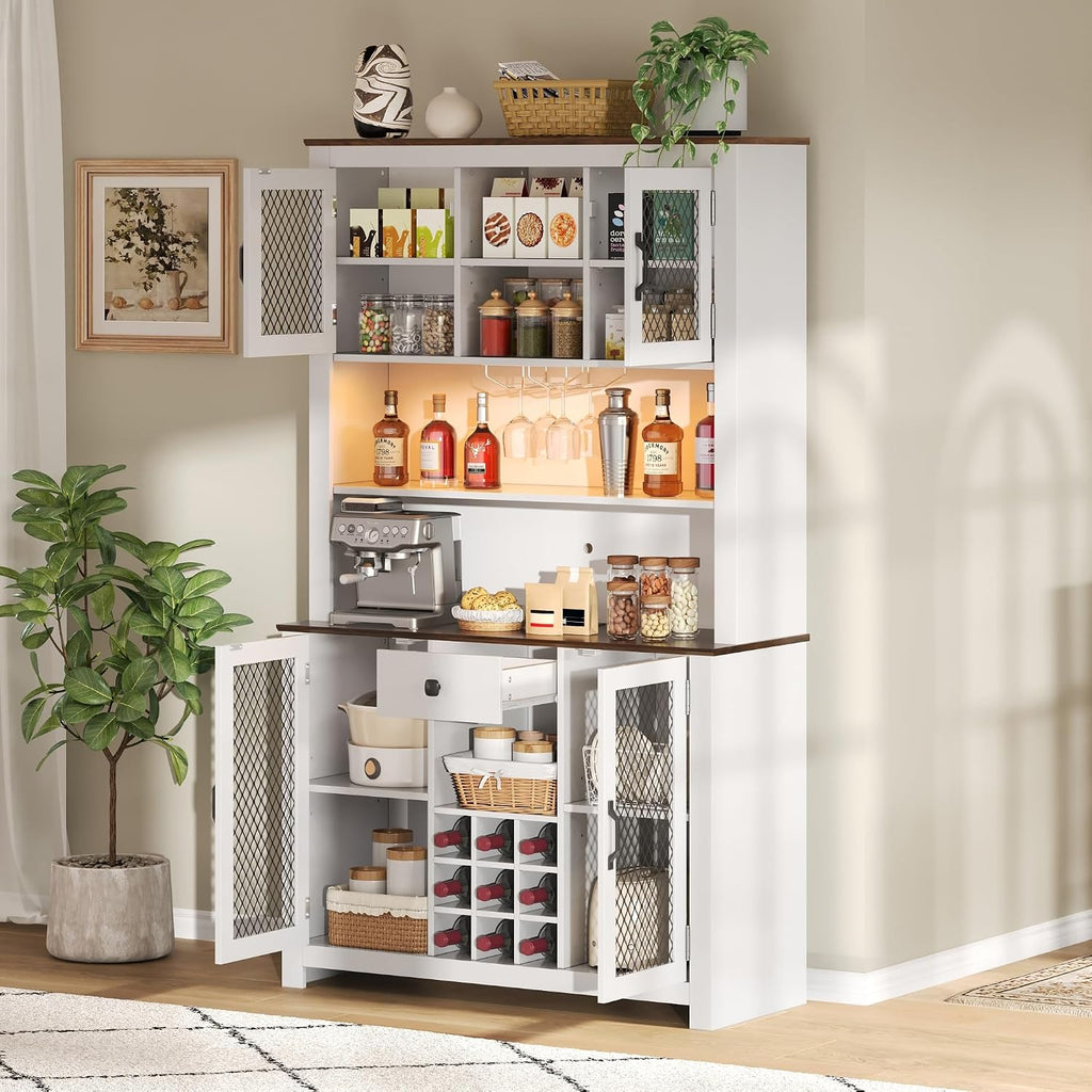GDFStudio 70.9' Kitchen Pantry Storage Cabinet with LED,Outlets & USB,Rustic Farmhouse Buffet Hutch Cabinet with Countertop,Wine Rack,Glass Holder,Adjustable Shelves,Food Pantry Storage Cabinet,White