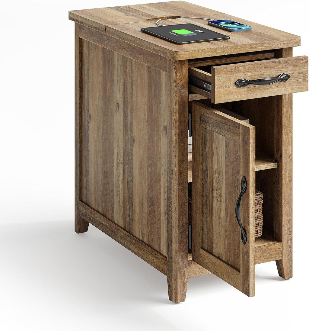 LINSY HOME End Table Set of 2 with Charging Station, Modern Farmhouse Sofa Couch Side Table, Wooden Bedside Table for Living Room Bedroom, Narrow Nightstand with Storage for Small Space, Brown