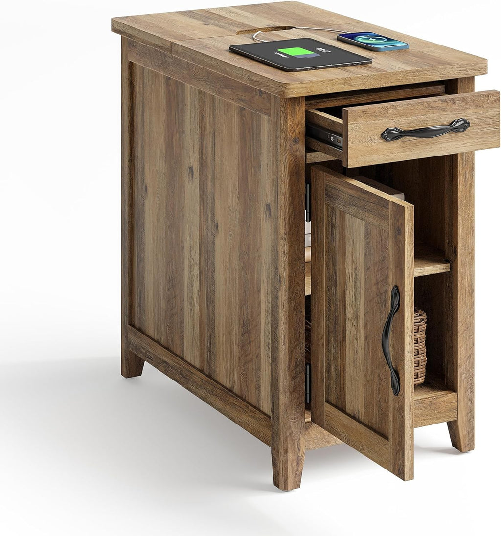 LINSY HOME Farmhouse End Table with Charging Station, Narrow Side Table for Living Room, Sofa Side Table with Drawer and Storage Cabinet, Small Nightstand for Home Office