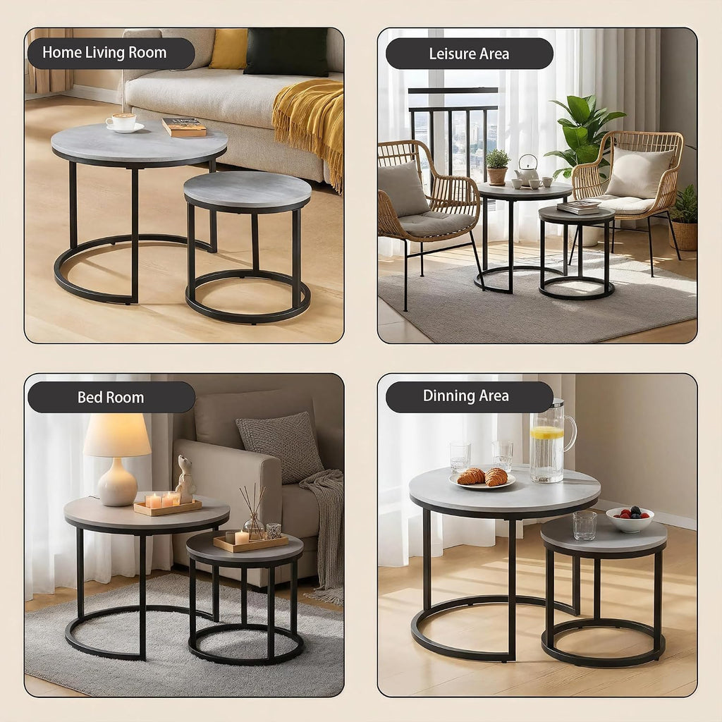 CENSI Round Nesting Coffee Table Set of 2, 24' Industrial Grey Faux Concrete Top, Modern Stacking Side End Tables with Black Metal Frame for Living Room, Small Spaces, Sturdy & Easy Assembly