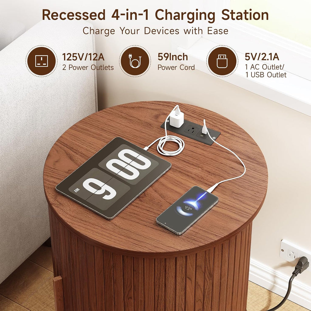 ONBRILL Round End Table Set of 2 with Charging Station, Mid Century Bedside Table with Sliding Door & 2 Tier Storage, Modern Nightstands Set of 2 for Living Room, Bedroom, Entryway, Walnut