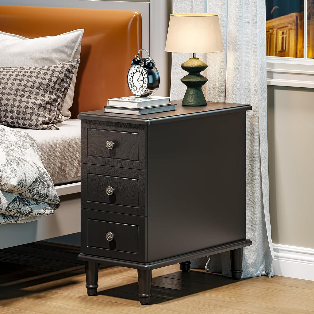 LITTLE TREE Fully Assembled End Table, Narrow Bedside Table with 3 Drawers, Vintage Nightstand for Small Spaces, Living Room, Bedroom, Black