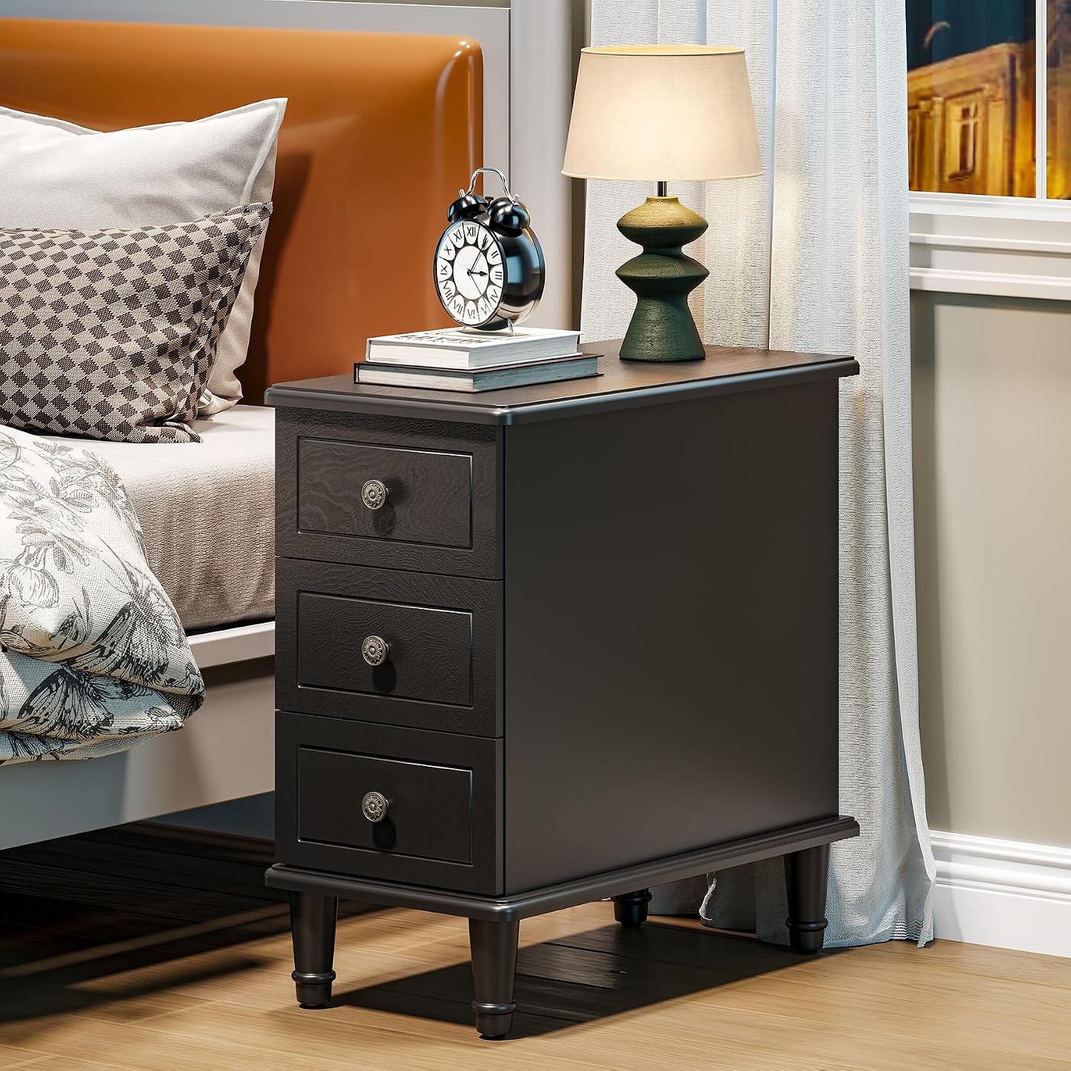 LITTLE TREE Fully Assembled End Table, Narrow Bedside Table with 3 Drawers, Vintage Nightstand for Small Spaces, Living Room, Bedroom, Black