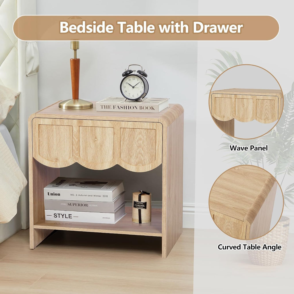 Small Night Stand Set of 2, Mid Century Modern Farmhouse Wood Nightstand with Wave Panel Drawer, Bed Side End Table for Small Space, Living Room - Natural