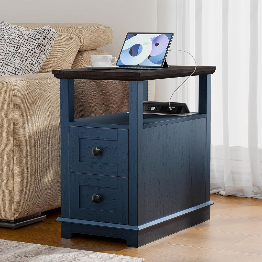 HIFYOBRO 2 Drawers End Table with Flip Top Charging Station Set of 2, Narrow Side Table, Type-C & USB Port & Power outlets, Wooden Storage End Table for Living Room, Bedroom