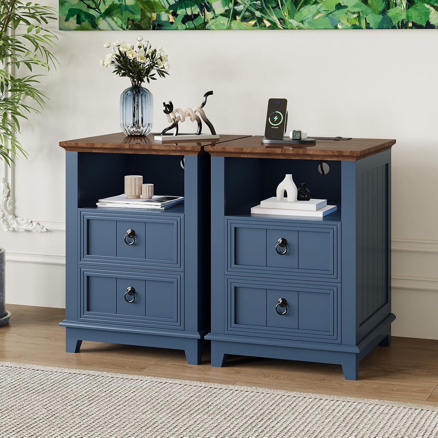 IDEALHOUSE 18in Nightstand Set of 2 with Charging Station, Farmhouse Bed Side Table Wood End Table with 2 Drawers and Open Shelf for Bedroom Living Room, Blue