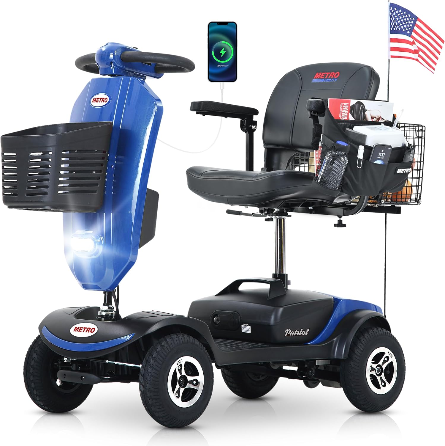 Christmas Gift for Mom Dad Parents Metro Mobility Scooters-Compact Travel Electric Power Mobility Scooter for Adults and Seniors-Lead-Acid Battery-with LED Head Light and Rear Brake Light-M1 Plus Blue