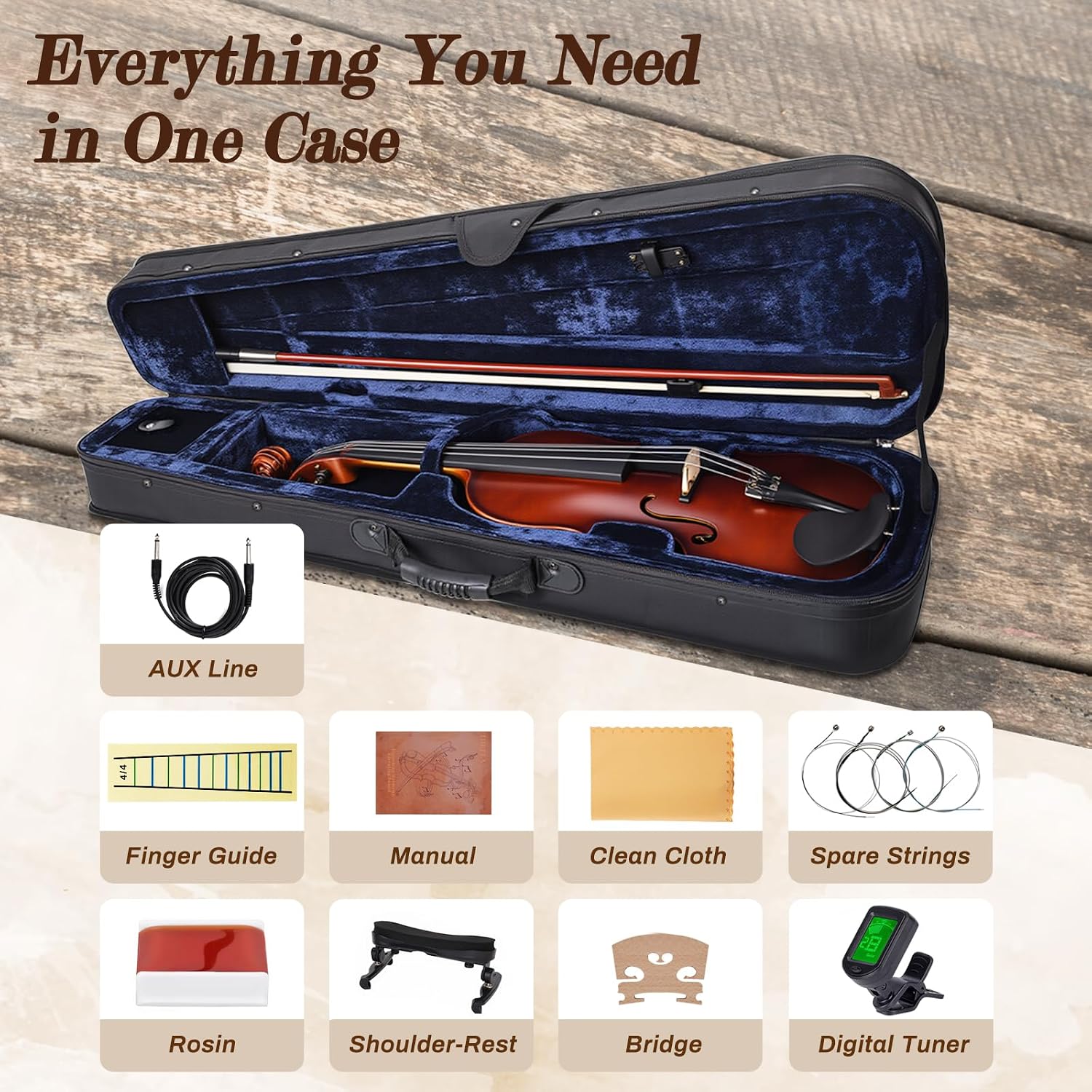 Electric/Acoustic Violin with Ebony Accessories - Perfect for Stage & Practice with Carrying Case, Violin Bow, Bridge, Shoulder Rest, Stickers, Tuner, Instruction, Handcraft with Maple, Spruce