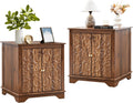 weselon End Table Set of 2, Carved Floral Square Nightstand with Adjustable Shelf, Farmhouse Wooden 2 Door Side Table for Living Room Bedroom (Walnut)