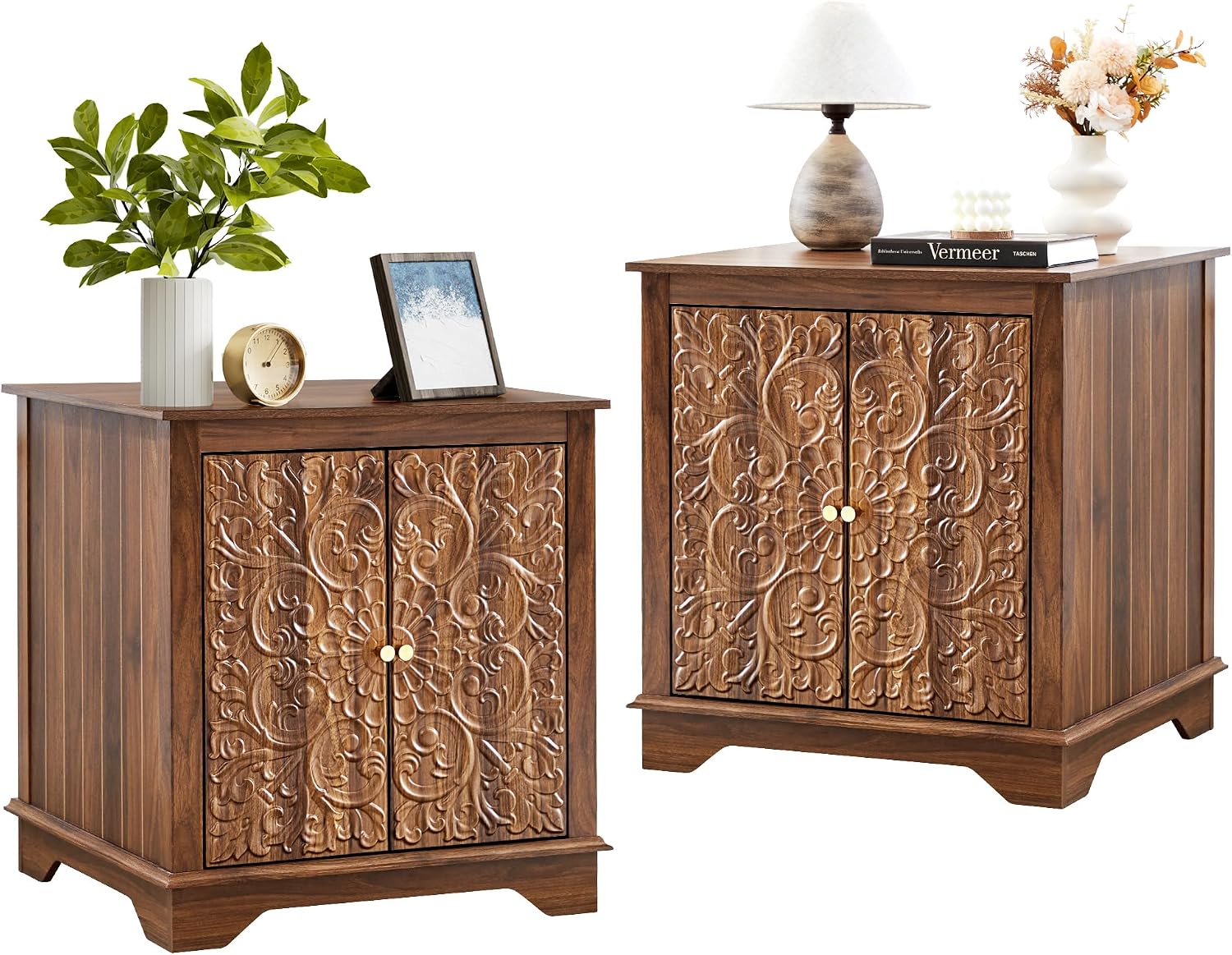 weselon End Table Set of 2, Carved Floral Square Nightstand with Adjustable Shelf, Farmhouse Wooden 2 Door Side Table for Living Room Bedroom (Walnut)