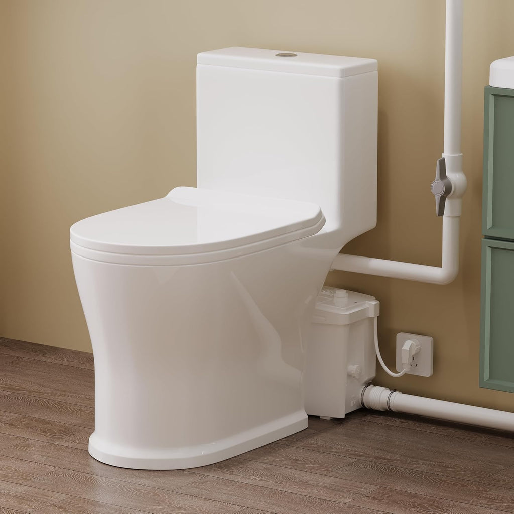 800 Watt High Power Macerating Toilet with Macerator Pump For Basement Upflush System, Powerful & Quiet Elongated One-Piece Dual-Flush Toilet, Glazed Surface, 36FT Vertically