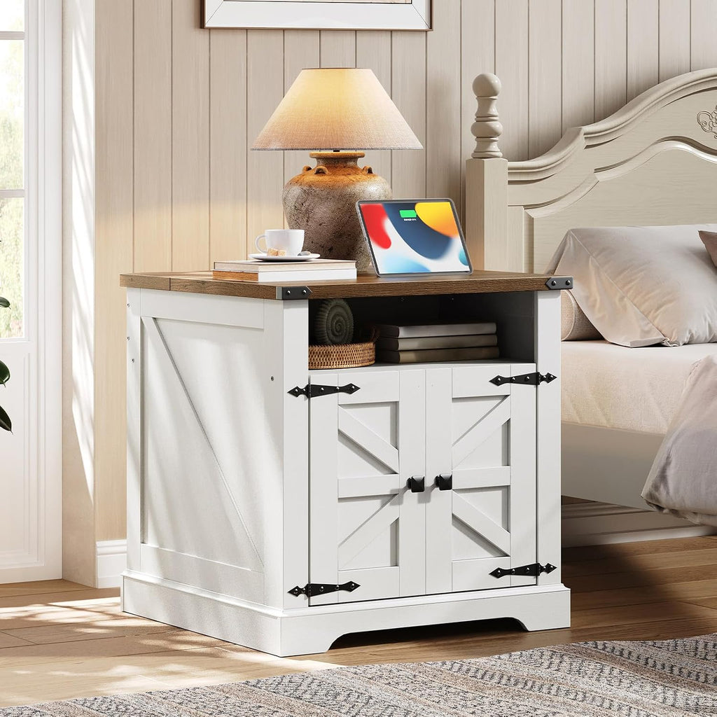 HOOBRO Farmhouse End Tables Set of 2 with Charging Station, 23.6' Large End Table for Living Room, Sofa Side Table with Barn Door, Wooden Square Nightstand Bedside Table, White and Walnut WH601UBZP201