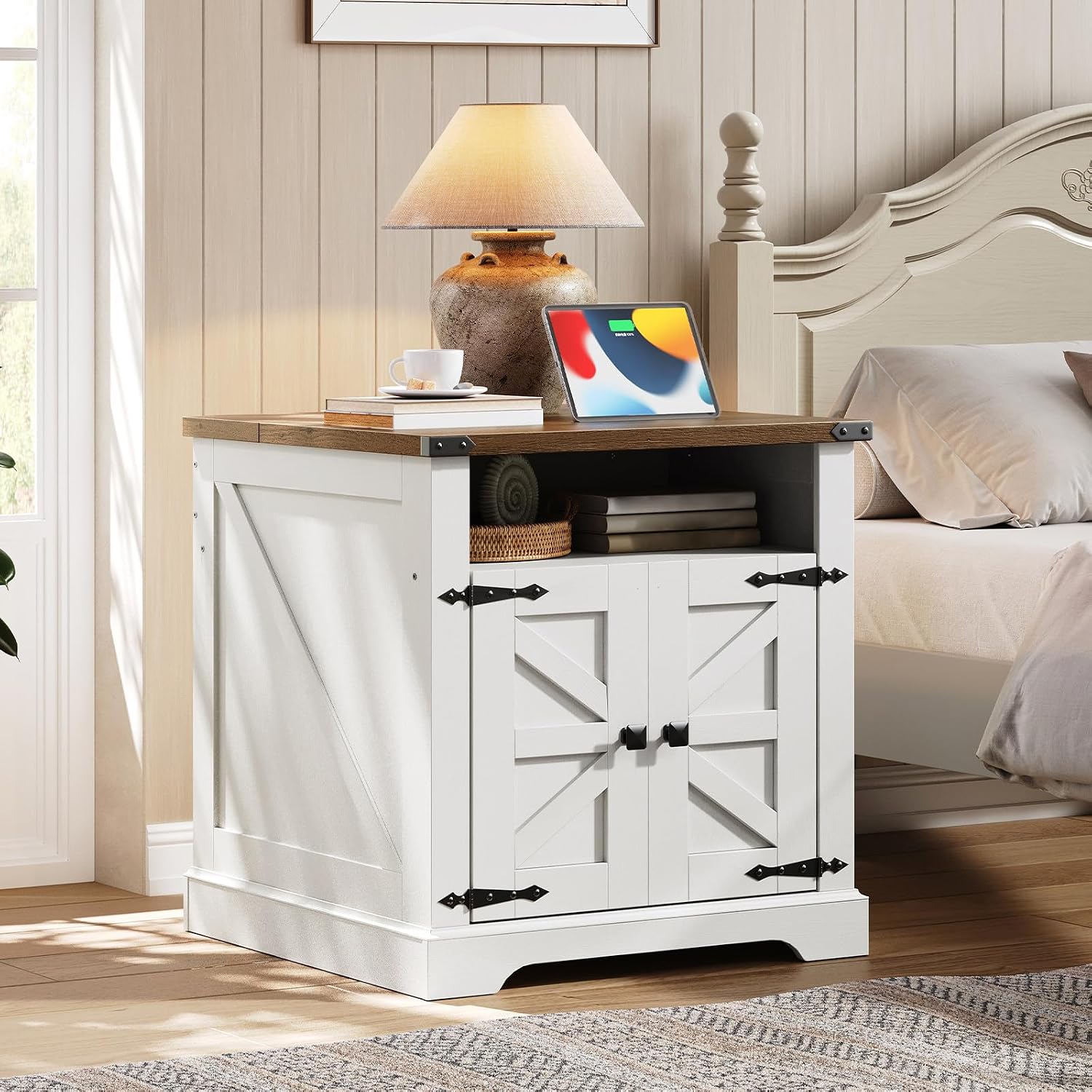 HOOBRO Farmhouse End Tables Set of 2 with Charging Station, 23.6' Large End Table for Living Room, Sofa Side Table with Barn Door, Wooden Square Nightstand Bedside Table, White and Walnut WH601UBZP201