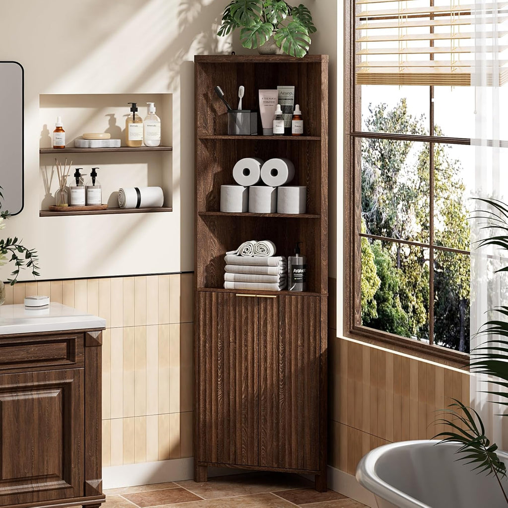 VINGLI Tall Corner Cabinet with Fluted Doors, 68' Walnut Corner Storage Cabinet with Adjustable Shelves, Freestanding Wood Corner Bookshelf for Bathroom, Living Room & Kitchen, Space-Saving