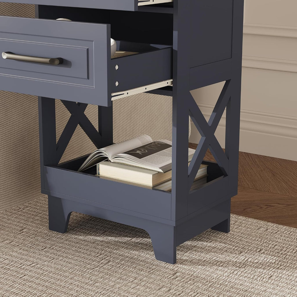 Tall Nightstand Set of 2 Side Table Modern Night Stand with 2 Drawers Wooden Rustic End Table Bedside Table with Upper Open Shelf Solid Feet for Bedroom Navy Blue+Walnut