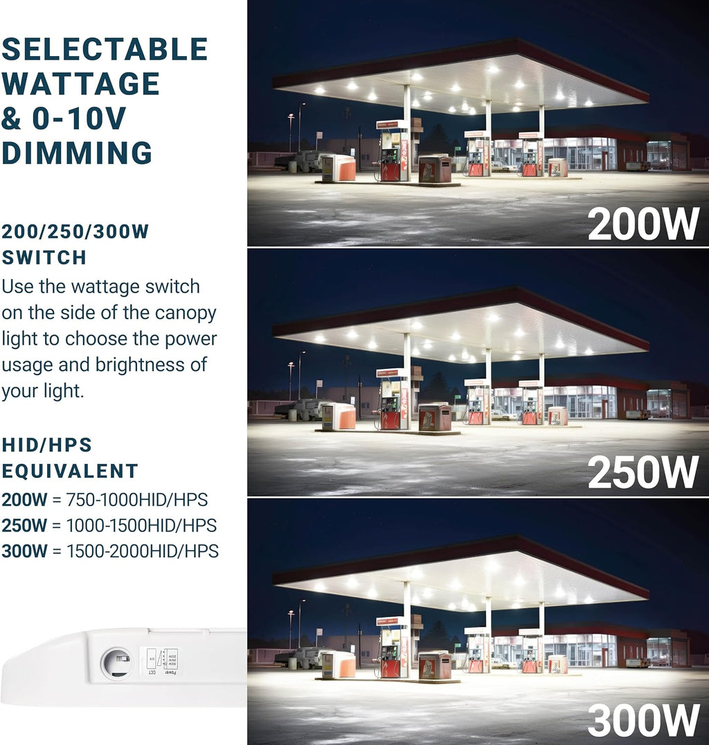 Parmida LED Canopy Light, Wattage Selectable (200/250/300W), ETL, 0-10V Dimmable, 100-277VAC, IP65 Waterproof, 5700K, 16.5' x 16.5', Gas Station, Garage, Street, Outdoor Lighting, Commercial Grade